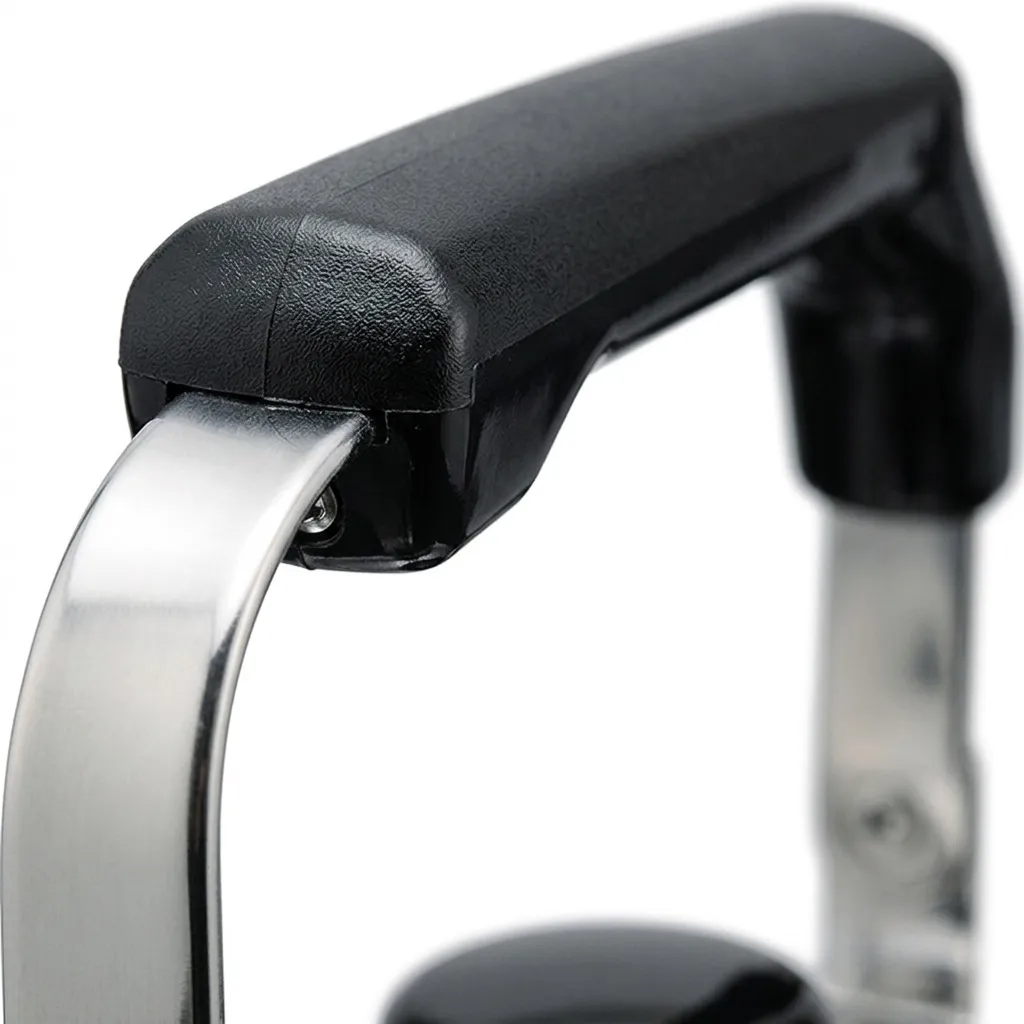 Close-up of the black bakelite grip moulded onto the stainless steel bail handle