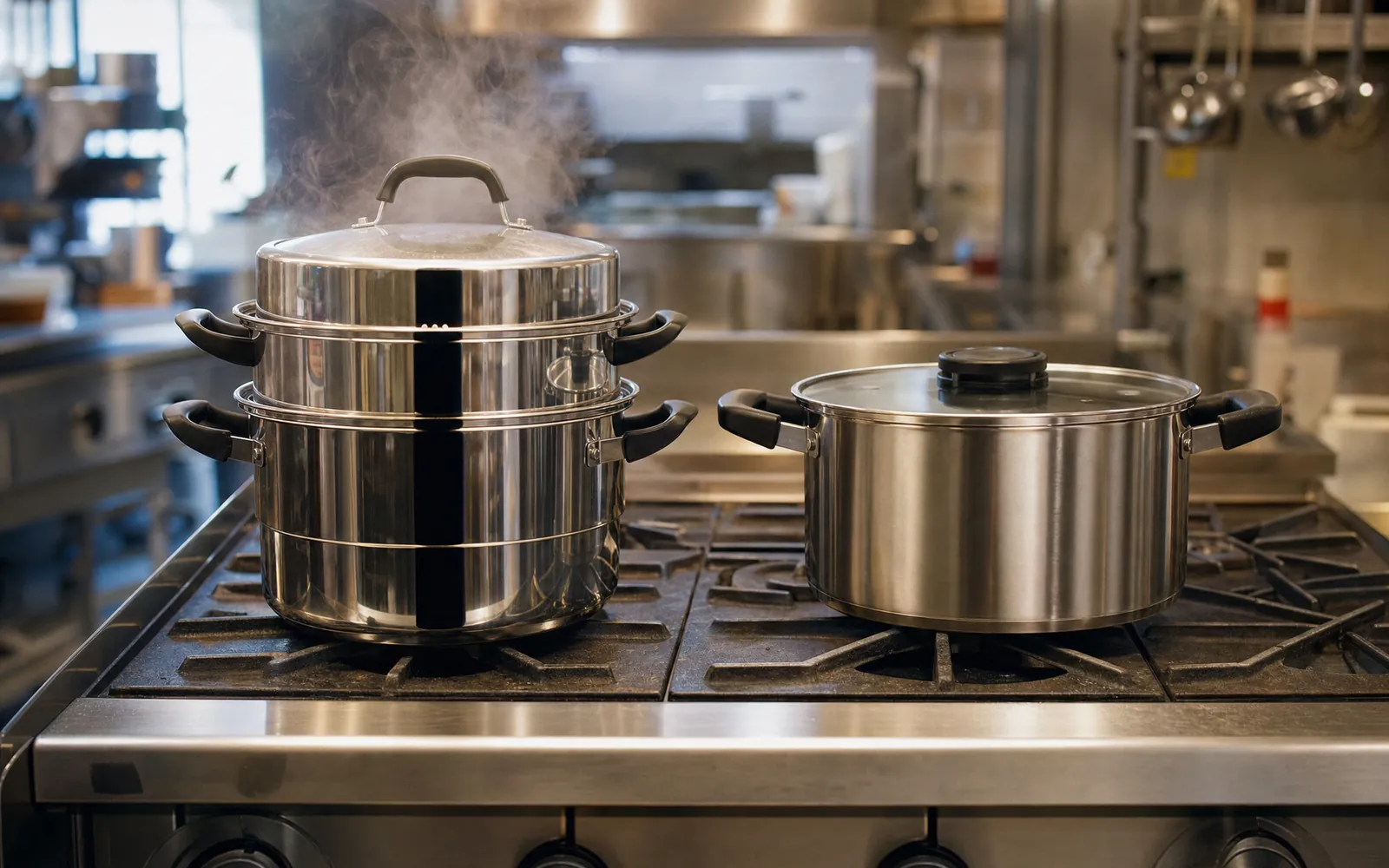 A Potobelo three-tier steamer and deep casserole on the range of a commercial kitchen